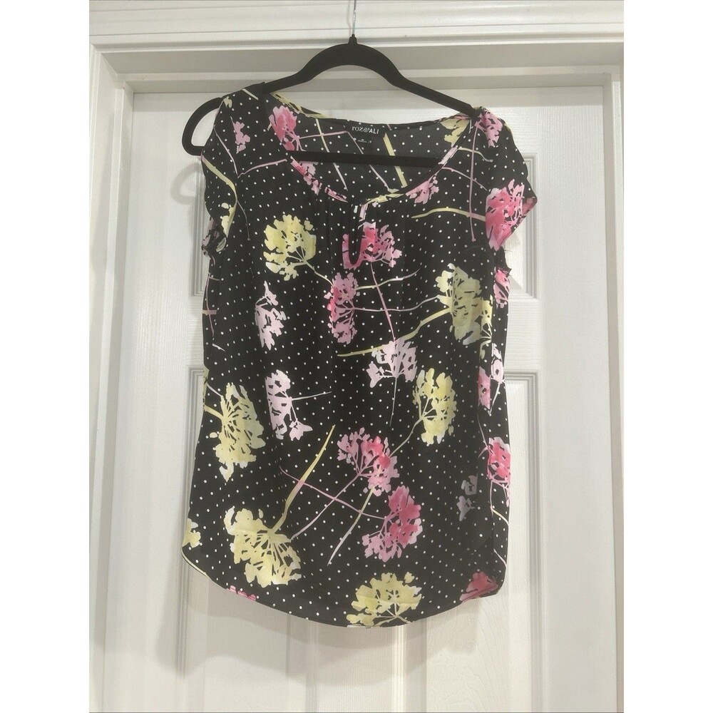 Roz Ali Women's M Blouse Black Pink Yellow Poly Polka Dot Floral Cap Sleeve
